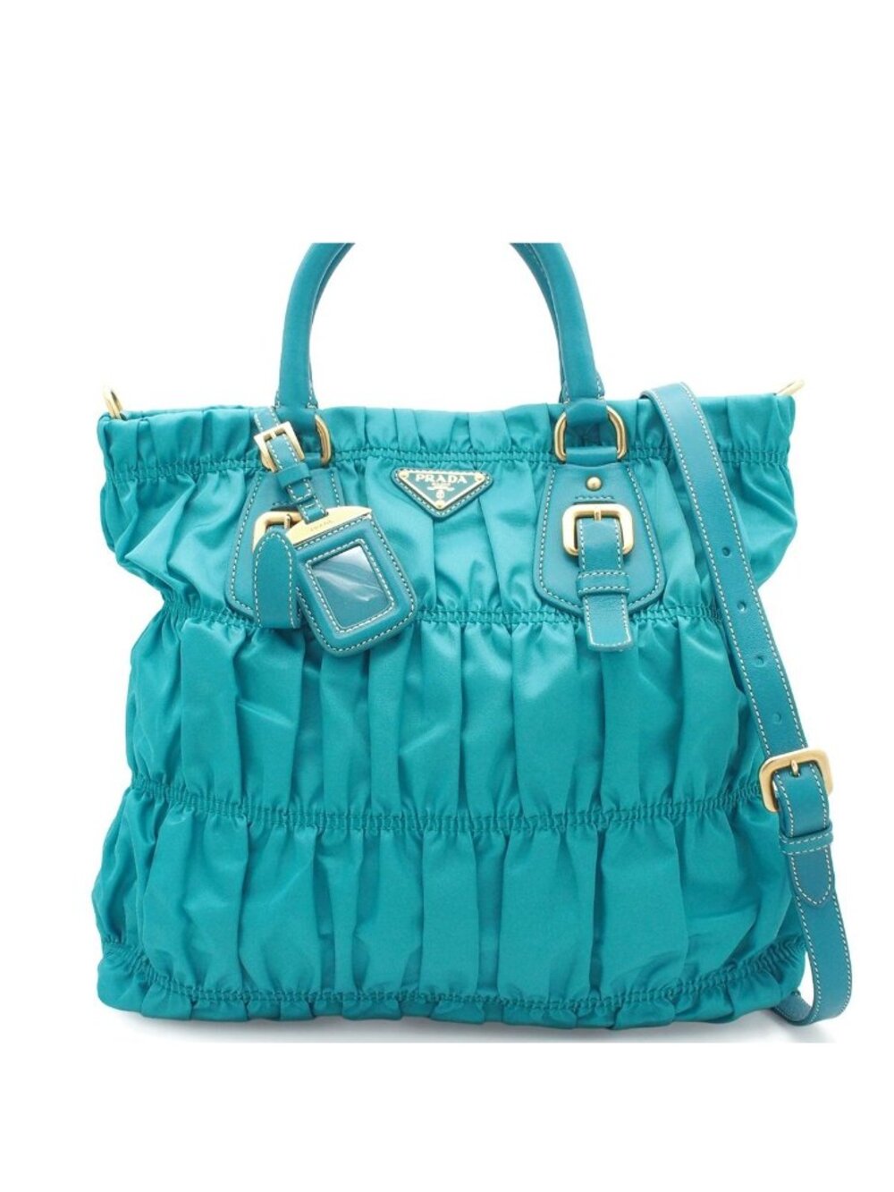 Prada Turquoise Blue Leather Tessuto Gaufre Gathered 2-Way Shoulder Bag